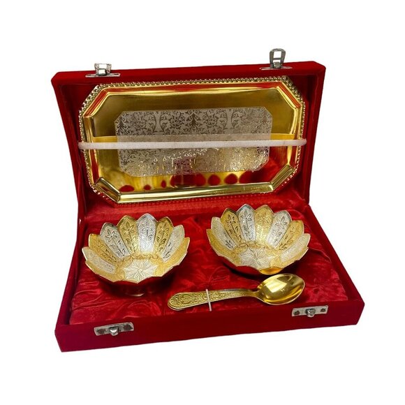 Rare Indian 5 Pc Gold and Silver Flashed Metal Sauce Set in Velvet Box Vintage - Picture 1 of 12